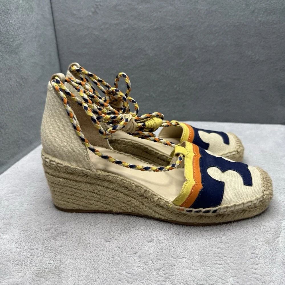 Tory Burch Laguna 60 Espadrille Wedge Sandals Women's 5M Ivory Navy Orange